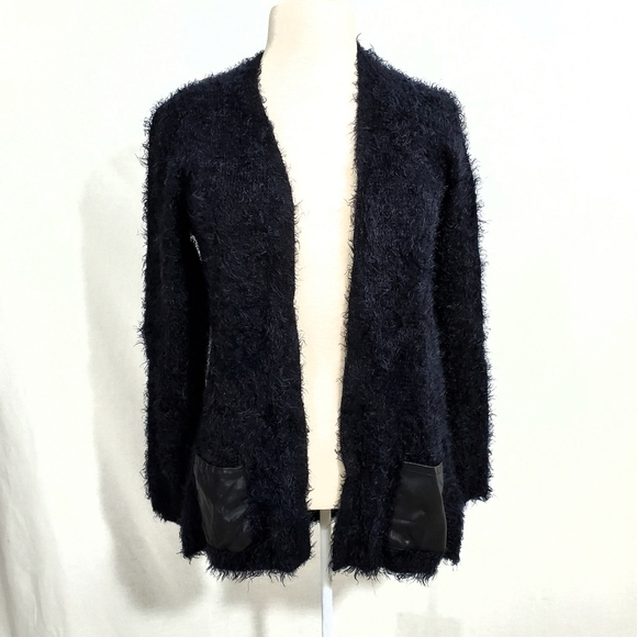 H&M Fuzzy Faux Mohair & Leather Black Cardigan - Picture 1 of 6